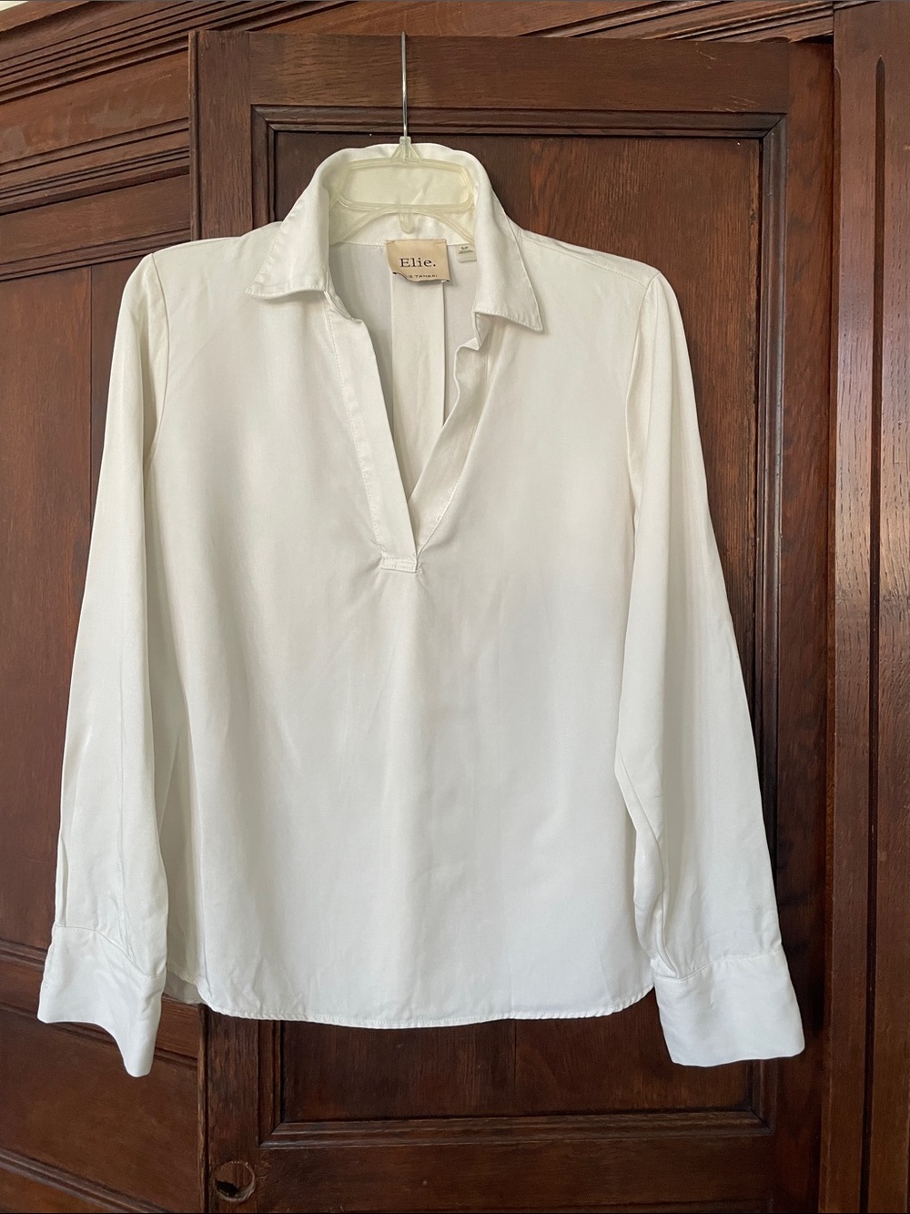Elie Tahari Ivory Pure Tencel Tunic Pullover Long Sleeve Blouse Top Collared V